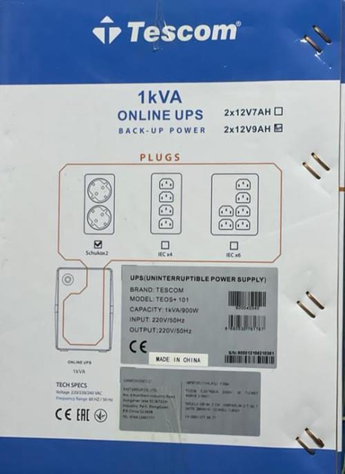 TESCOM TEOS+ 1KVA 1F/1F 2x12V/9AH Akülü ONLİNE LCD Ekranlı 5/10 DK UPS 900040340